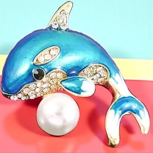 Gold Plated Blue White Crystal Pearl Whale Orca Brooch